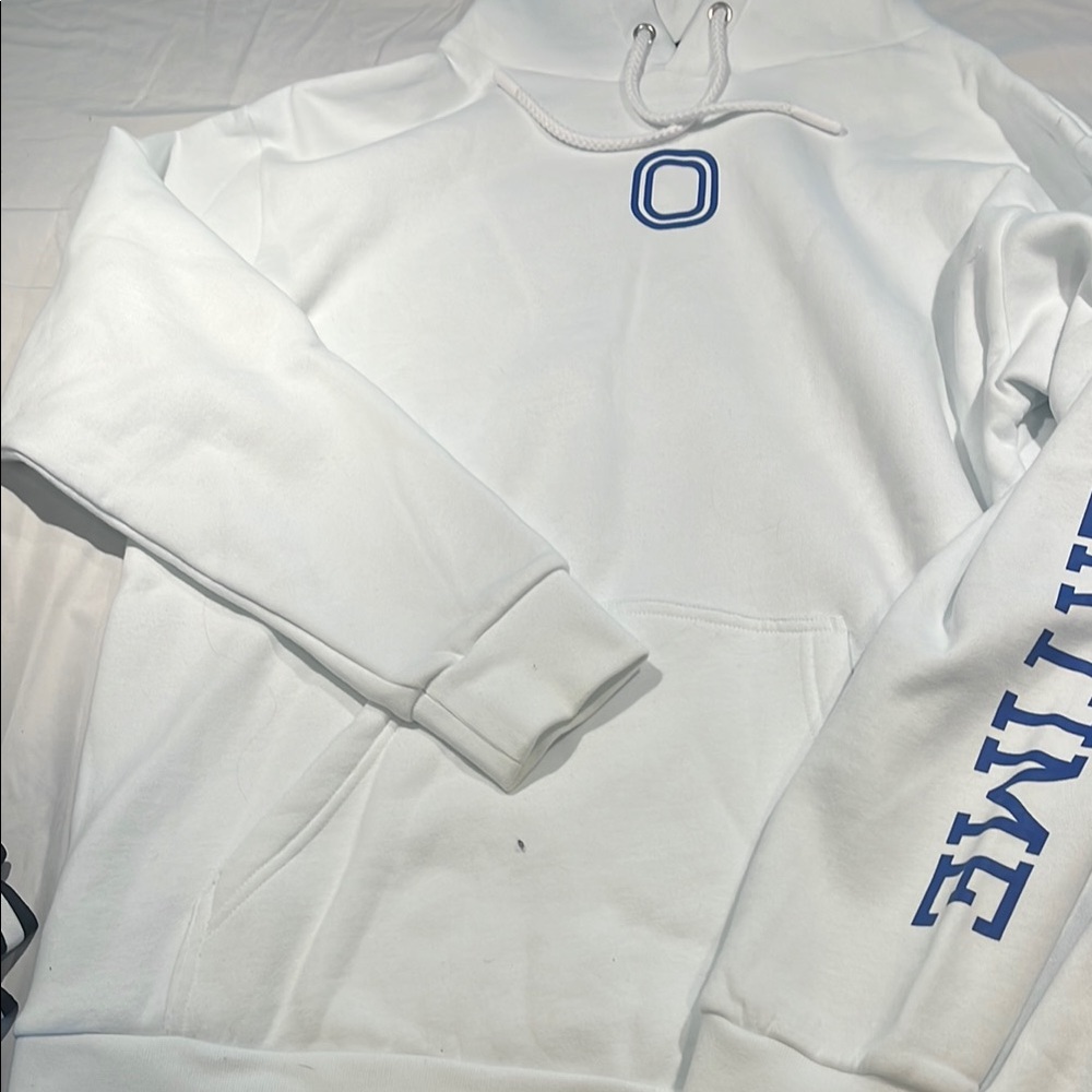 White and Blue Cotton Blend Hoodie with Ribbed Cuffs